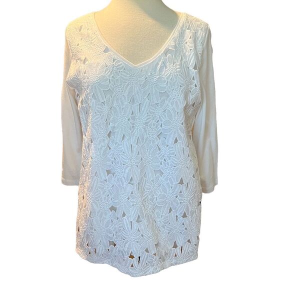 J Jill White Overlayed Appliquéd 3/4 Sleeve Top V-scooped Neck Line size Medium - Picture 4 of 9